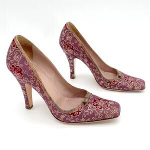 Prada Vintage Plum Gold Brocade Snakeskin Trim Square Toe Heels Pumps IT 40